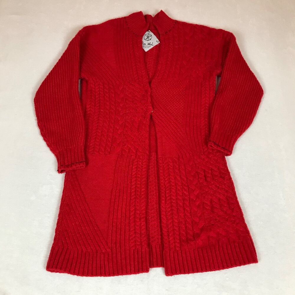 Prism Wheel Made In USA Boho Red Chunky Textured Cable Knit Long Cardigan Large